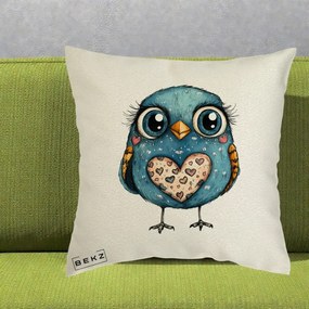 Perna Decorativa Bufnita Albastra cu Inimioare, 40x40 cm, Ecru, Husa Detasabila, Perna Inclusa, BEKZ®