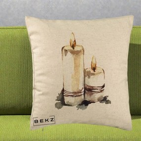 Perna Decorativa Lumanari Acuarela Iarna, 40x40 cm, Bej, Husa Detasabila, Perna Inclusa, BEKZ®