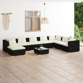 Set mobilier de gradina cu perne, 9 piese, negru, poliratan