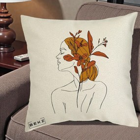 Perna Decorativa Portret Feminin Crin Ruginiu Auriu, 40x40 cm, Ecru, Husa Detasabila, Perna Inclusa, BEKZ®