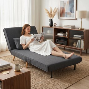 HOMCOM Fotoliu Extensibil 3 în 1 cu Spătar Reglabil pe 3 Niveluri și Pernă, Material Textil cu Aspect de In, Gri | Aosom Romania