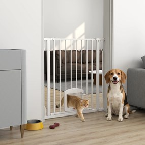 PawHut Poartă pentru Câini și Pisici Extensibilă cu Ușă Integrată, Poartă din Oțel și ABS, 75-85x2x76 cm, Alb | Aosom Romania