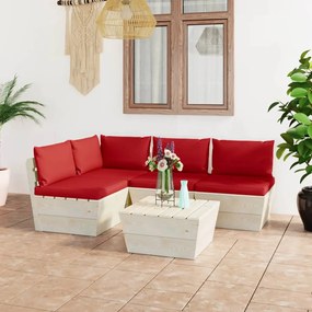 Set mobilier gradina din paleti cu perne, 5 piese, lemn molid Rosu, colt + 3x mijloc + masa, 1