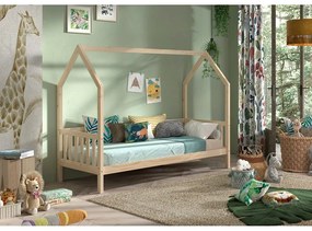 Pat pentru copii în culoare naturală de tip casă din lemn de pin cu somieră 90x200 cm Cabane – Vipack