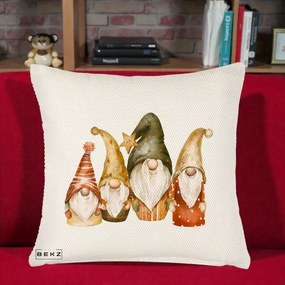 Perna Decorativa Gnomi de Craciun Patru, 40x40 cm, Crem Reliefat, Husa Detasabila, Perna Inclusa, BEKZ®