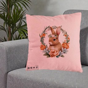 Perna Decorativa Iepuras Floral Coronita Acuarela, 40x40 cm, Roz, Husa Detasabila, Perna Inclusa, BEKZ®