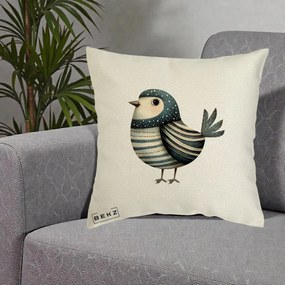 Perna Decorativa Pasare Teal Decorativa Dungata, 40x40 cm, Ecru, Husa Detasabila, Perna Inclusa, BEKZ®
