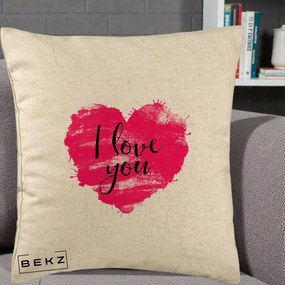 Cadou Romantic - Perna Personalizata I Love You Inima Roz, 40x40 cm, Bej, Husa Detasabila, Perna Inclusa, BEKZ®