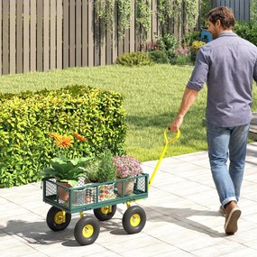 Outsunny Cărucior de Grădină Robust, Remorcă din Oțel cu Pereți Laterali Detașabili, Convertibil în Platformă, Roți de 25cm, Mâner Rotativ la 180°, Capacitate 200 kg, pentru Plajă, Peluză și Grădină, Verde | Aosom Romania