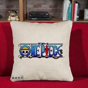 Perna Personalizata One Piece Clasic Albastru, 40x40 cm, Bej Canapea, Husa Detasabila, Perna Inclusa, BEKZ®
