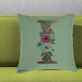 Cadou Personalizat - Perna Personalizata Monograma Rose Gold Litera I, 40x40 cm, Verde, Husa Detasabila, Perna Inclusa, BEKZ®