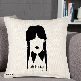Perna Personalizata Wednesday Addams Silueta Alb-Negru, 40x40 cm, Crem Reliefat, Husa Detasabila, Perna Inclusa, BEKZ®