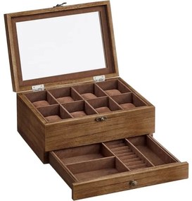 Cutie De Bijuterii Din Lemn Cu 2 Niveluri, Cu Capac De Sticla, Nuc Rustic