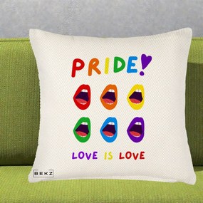 Perna Personalizata Pride Love is Love Curcubeu, 40x40 cm, Crem Reliefat, Husa Detasabila, Perna Inclusa, BEKZ®