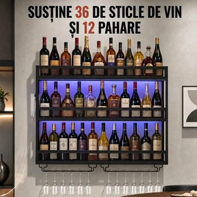 HOMCOM Suport de perete pentru vin cu LED, stil industrial, metal negru | Aosom Romania