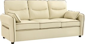 HOMCOM Canapea cu 3 Locuri Tapițată din Piele Ecologică cu Cusături Contrastante, Canapea pentru Sufragerie cu Perne Groase, 2 Perne Detașabile și Lavabile, Brațe și Buzunare Laterale, 190x83x90 cm, Bej | Aosom Romania