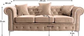Canapea de lux 3 locuri, maro deschis, stofă maro deschis Velvet, ROMANO