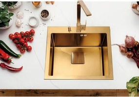 Chiuveta inox Inter Ceramic cu o cuva fara picurator finisaj auriu satinat 50x42 cm