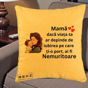 Cadou pentru Mama - Perna Personalizata Mama Nemuritoare cu Bebelus Lineart, 40x40 cm, Galben, Husa Detasabila, Perna Inclusa, BEKZ®