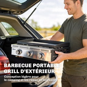 Outsunny Plancha pe gaz 9 kW 3 arzătoare din oțel inoxidabil, suprafață de gătit 56,5 x 33 cm, tavă de colectare a grăsimilor, negru | Aosom Romania