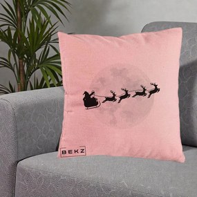 Perna Decorativa Mos Craciun Sanie Luna, 40x40 cm, Roz, Husa Detasabila, Perna Inclusa, BEKZ®