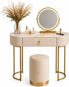 Set SARAH, Masă de toaletă pentru machiaj cu oglindă iluminată LED, control touch, sertar, taburet, 100x40x76 cm, Bej/Auriu