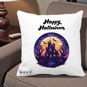 Perna Decorativa Happy Halloween Casa Bantuita Violet, 40x40 cm, Alba Mata, Husa Detasabila, Perna Inclusa, BEKZ®