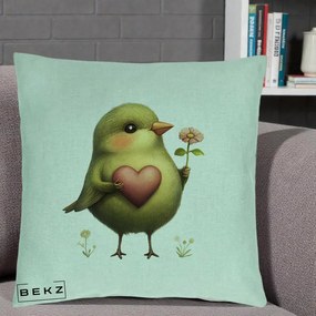 Perna Decorativa Pasare Verde cu Inima si Floare, 40x40 cm, Verde Menta, Husa Detasabila, Perna Inclusa, BEKZ®