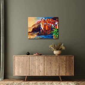 Tablou - Satul de coastă Cinque Terre, Riviera italiană, impresionismul modern (70x50 cm)