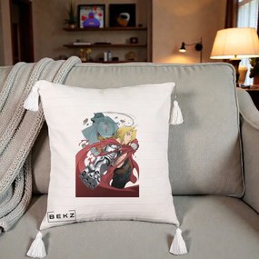 Perna Personalizata Fullmetal Alchemist Brotherhood Edward si Al Poster, 40x40 cm, Bej cu Franjuri, Husa Detasabila, Perna Inclusa, BEKZ®