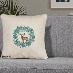 Perna Decorativa Coroana Turcoaz cu Ren, 40x40 cm, Bej Canapea, Husa Detasabila, Perna Inclusa, BEKZ®