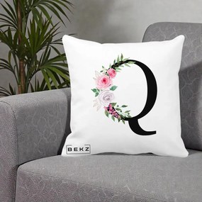 Cadou Personalizat - Perna Personalizata Monograma Florala Litera Q, 40x40 cm, Alba Mata, Husa Detasabila, Perna Inclusa, BEKZ®