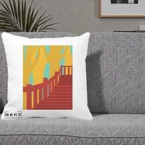 Perna Decorativa Scari Toamna Peisaj Grafic, 40x40 cm, Alba Mata, Husa Detasabila, Perna Inclusa, BEKZ®