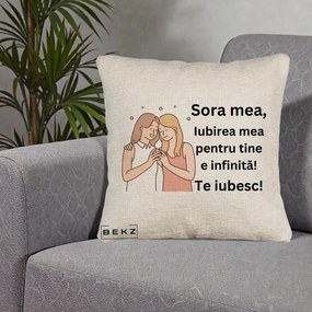 Cadou pentru Sora - Perna Personalizata Sora Mea Te Iubesc Imbratisare cu Sclipiri, 40x40 cm, Bej Canapea, Husa Detasabila, Perna Inclusa, BEKZ®