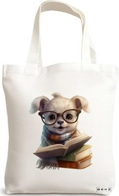 Sacosa de Panza pentru Cumparaturi, Geanta Tote, model Reading puppy 23 38 x 34.5 cm, Alba, BEKZ®