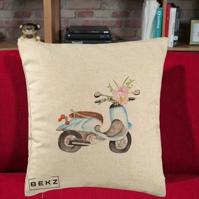 Perna Decorativa Scuter Albastru cu Flori Acuarela, 40x40 cm, Bej, Husa Detasabila, Perna Inclusa, BEKZ®