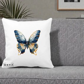 Perna Decorativa Fluture Albastru Auriu Elegant, 40x40 cm, Alba Mata, Husa Detasabila, Perna Inclusa, BEKZ®