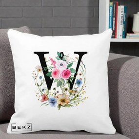 Cadou Personalizat - Perna Personalizata Monograma Florala Litera W, 40x40 cm, Alba Mata, Husa Detasabila, Perna Inclusa, BEKZ®