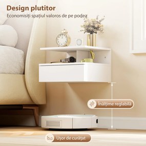 HOMCOM Set de 2 Noptiere Suspendate cu Sertar și Raft Deschis, 35x32x22.5 cm, Alb | Aosom Romania