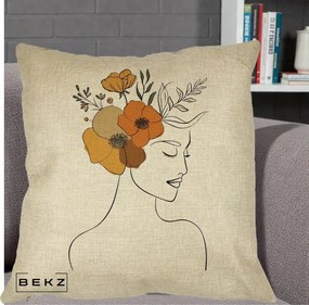 Perna Decorativa Portret Feminin Flori Galbene-Portocalii, 40x40 cm, Crem, Husa Detasabila, Perna Inclusa, BEKZ®