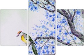 Tablou - Pasăre pe un copac cu flori albastre (90x60 cm)