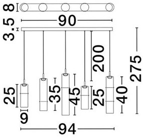 Lustra moderna cu 5 pendule LED, Metal, Sticla, Cognac, SANO