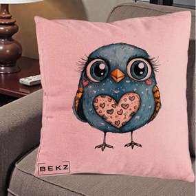 Perna Decorativa Bufnita Albastra cu Inimioare, 40x40 cm, Roz, Husa Detasabila, Perna Inclusa, BEKZ®