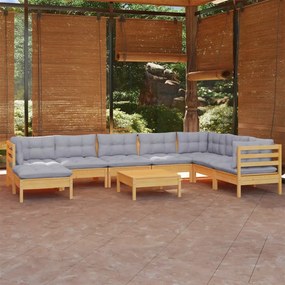 Set mobilier de grădină cu perne gri, 9 piese, lemn masiv pin