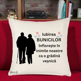 Cadou pentru Bunici - Perna Personalizata Bunicii Iubirea Infloreste Silueta Neagra Flori, 40x40 cm, Crem Reliefat, Husa Detasabila, Perna Inclusa, BEKZ®