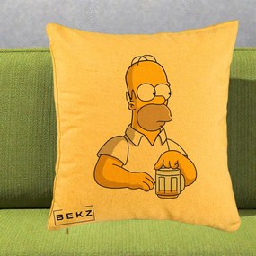 Perna Personalizata Homer Simpson cu Bere, 40x40 cm, Galben, Husa Detasabila, Perna Inclusa, BEKZ®