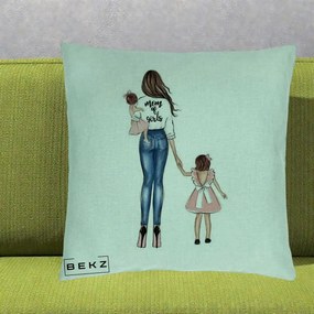 Cadou pentru Mama - Perna Personalizata Mom of Girls Mama cu Fetele, 40x40 cm, Verde Menta, Husa Detasabila, Perna Inclusa, BEKZ®