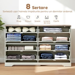 HOMCOM Comodă cu 8 Sertare pentru Dormitor, Modernă, cu Mânere, Spațioasă pentru Sufragerie, Cameră și Hol, 140x40x86 cm, Nuc și Gri Deschis | Aosom Romania