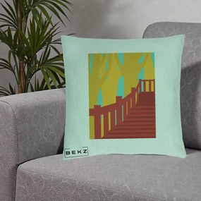 Perna Decorativa Scari Toamna Peisaj Grafic, 40x40 cm, Verde Menta, Husa Detasabila, Perna Inclusa, BEKZ®