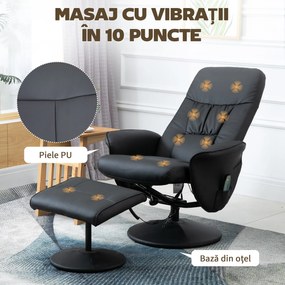HOMCOM Fotoliu Relaxant cu Suport pentru Picioare, Reclinabil 145° cu Șezut Rotativ, cu 10 Puncte de Masaj, Negru | Aosom Romania